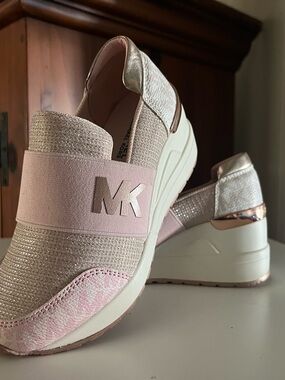 Michael Kors Blush Pink Wedge Slip-On Sneakers with Metallic Accents
